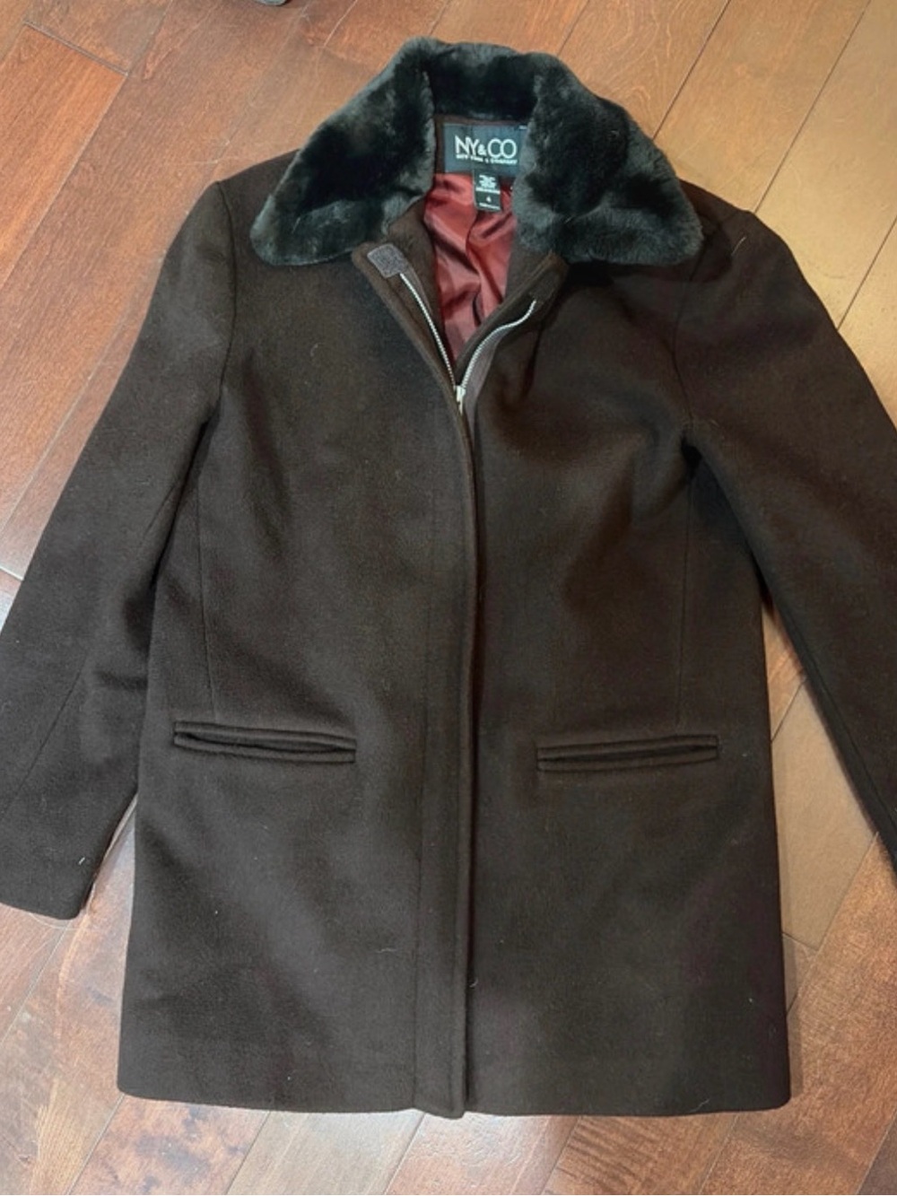 New York & Company Brown Wool-Blend Pea Coat with Faux Fur Collar
